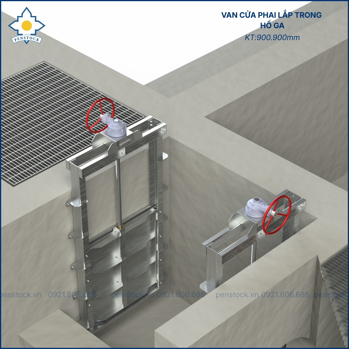 Van cửa phai trên tường lắp trong hố ga kích thước 900.900mm0