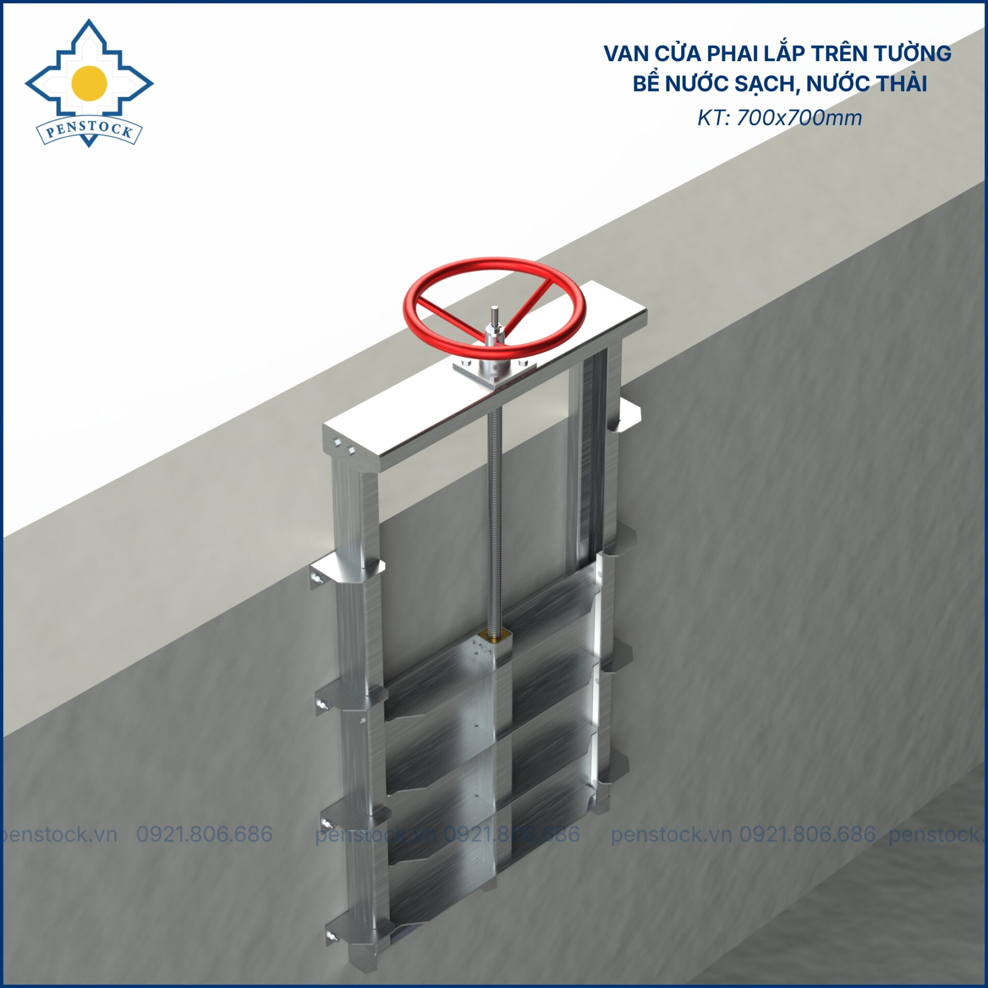 Van cửa phai trên tường lắp bể nước sạch; nước thải kích thước 700.700mm0