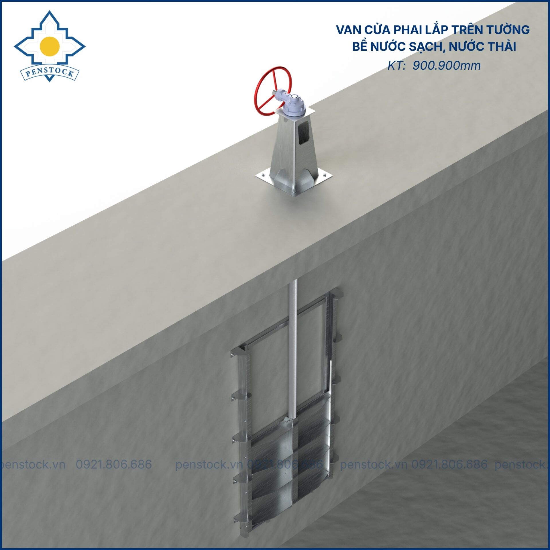 Van cửa phai trên tường lắp bể nước sạch; nước thải kích thước 900.900mm vận hành điện0