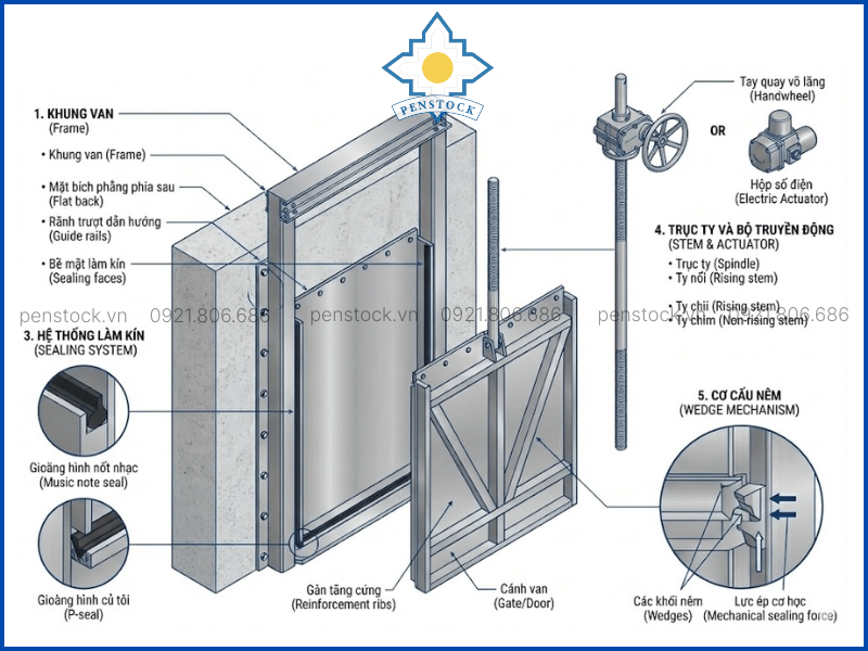 Cấu tạo chi tiết của một bộ van cửa phai lắp tường
