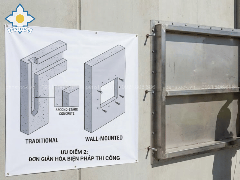 Thi công lắp đặt Van cửa phai lắp tường đơn giản