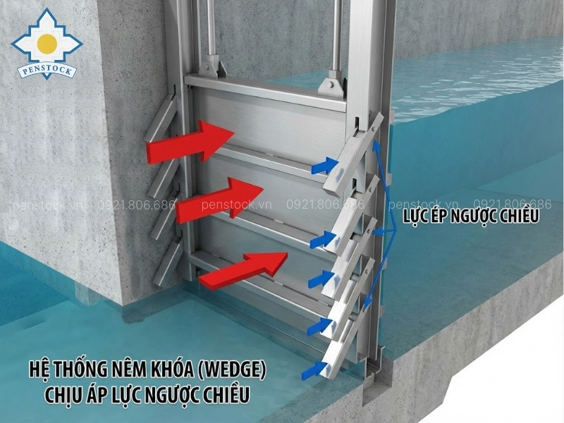 Hệ thống nêm khóa chuyên dụng giúp cửa phai chịu được áp lực nước ngược chiều từ phía sông/biển