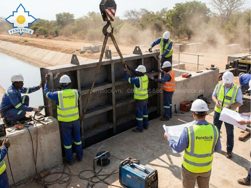 Lắp đặt và kiểm tra - Cấu tạo van cửa phai lắp trên kênh