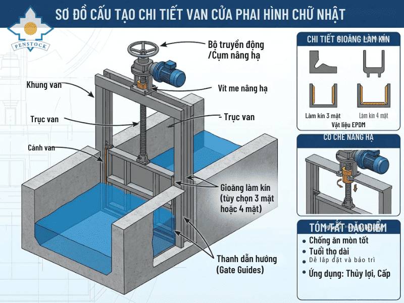 Sơ đồ cấu tạo van cửa phai hình chữ nhật