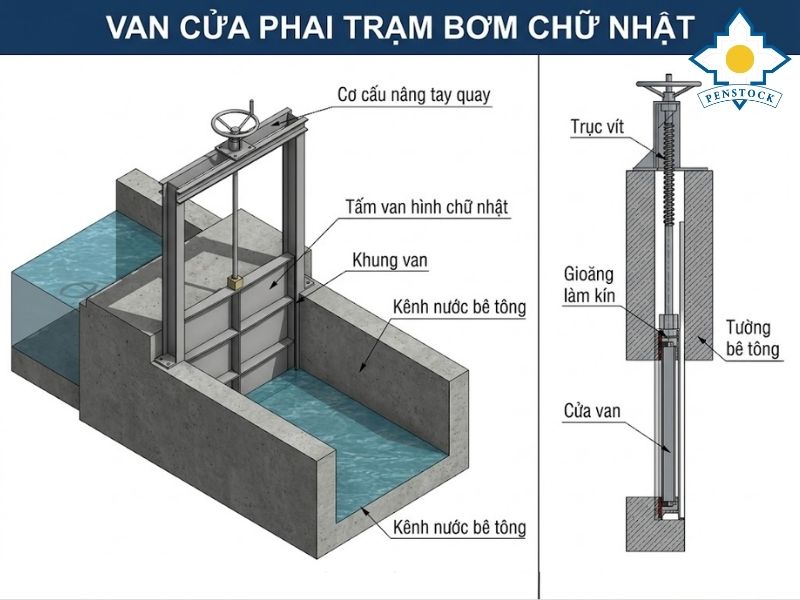 Cấu tạo của van cửa phai trạm bơm chữ nhật