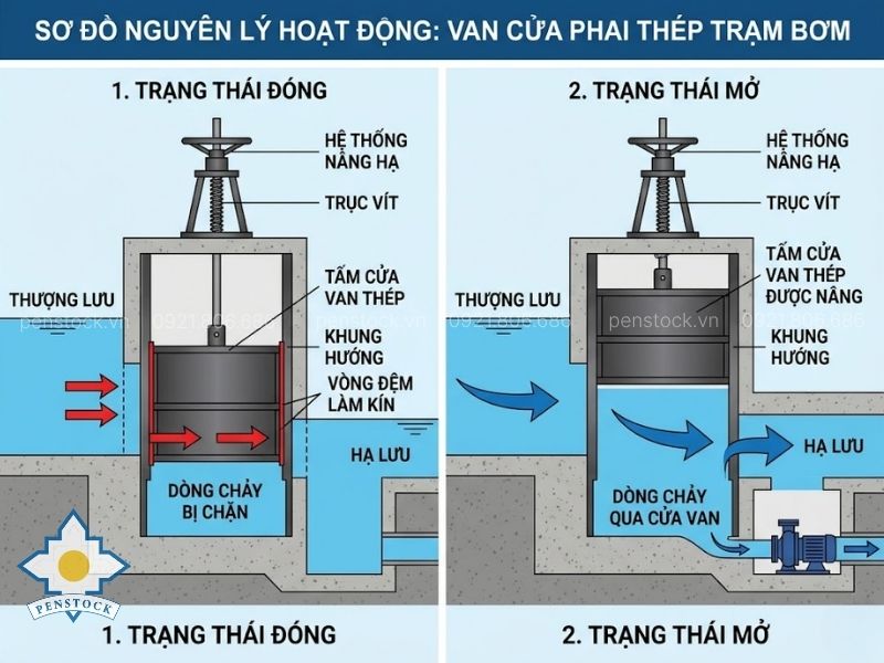 Nguyên lý hoạt động của van cửa phai thép trạm bơm