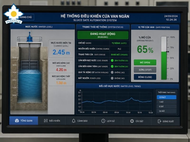 Màn hình HMI hoặc SCADA hiển thị mực nước