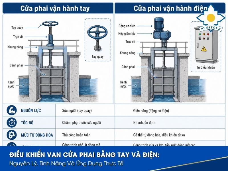 Điều khiển van cửa phai bằng tay và điện