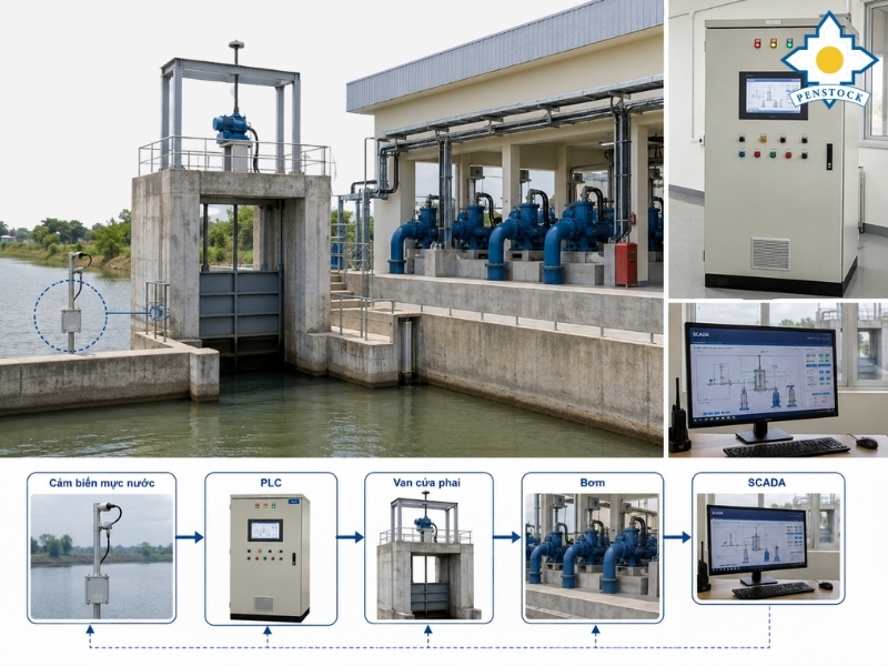 Sơ đồ tổng thể cảm biến → PLC → van → bơm → SCADA