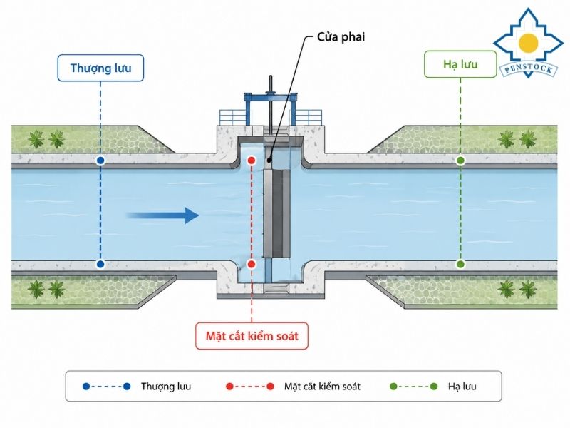 Sơ đồ vị trí đo thượng lưu, hạ lưu và mặt cắt kiểm soát