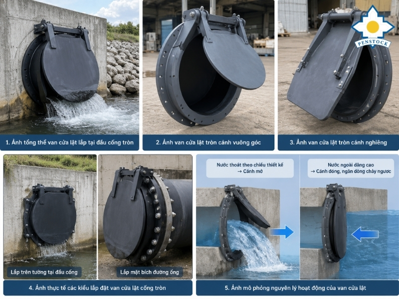 Van cửa lật lắp trên tường đầu cống hoặc lắp mặt bích đường ống
